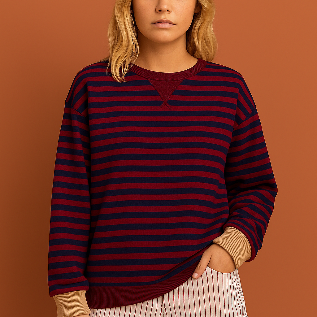 Maille rayée à col rond, épaules tombantes, manches longues et bas côtelé, style casual