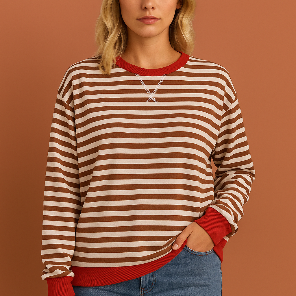 Pull rayé bicolore à col rond, manches longues, épaules tombantes et finitions côtelées