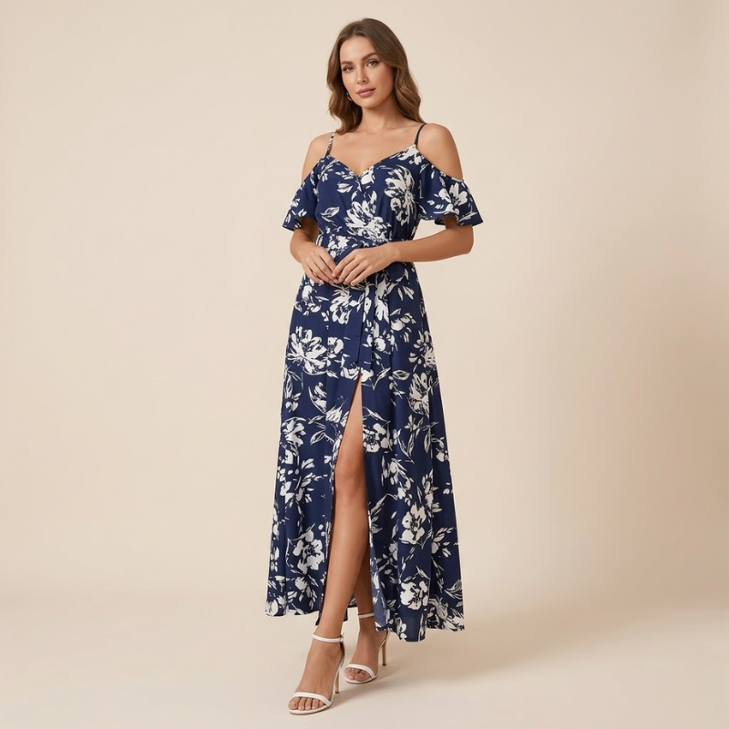 Robe longue portefeuille à épaules dénudées, imprimé floral, coupe fluide, femme
