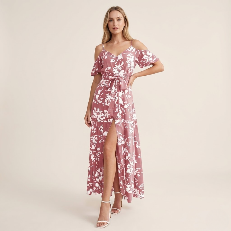 Robe portefeuille longue fleurie, bretelles fines, fente avant, usage estival femme