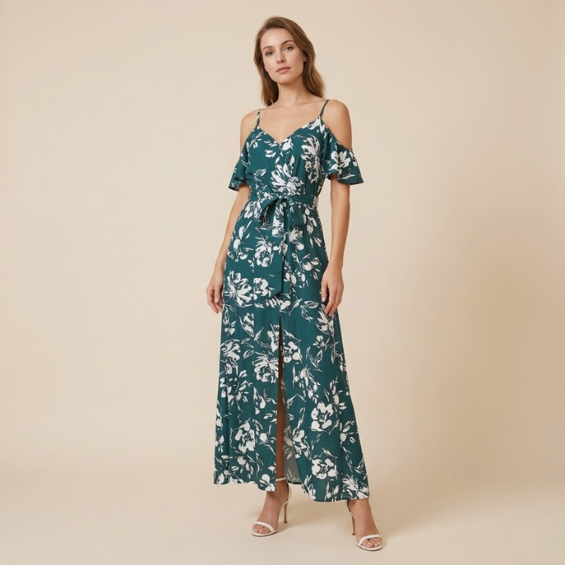 Robe maxi à épaules dénudées, tissu imprimé floral, coupe enveloppante, femme