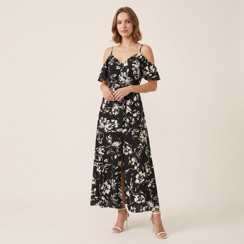 Robe longue portefeuille, imprimé floral, épaules découvertes, coupe ajustée femme