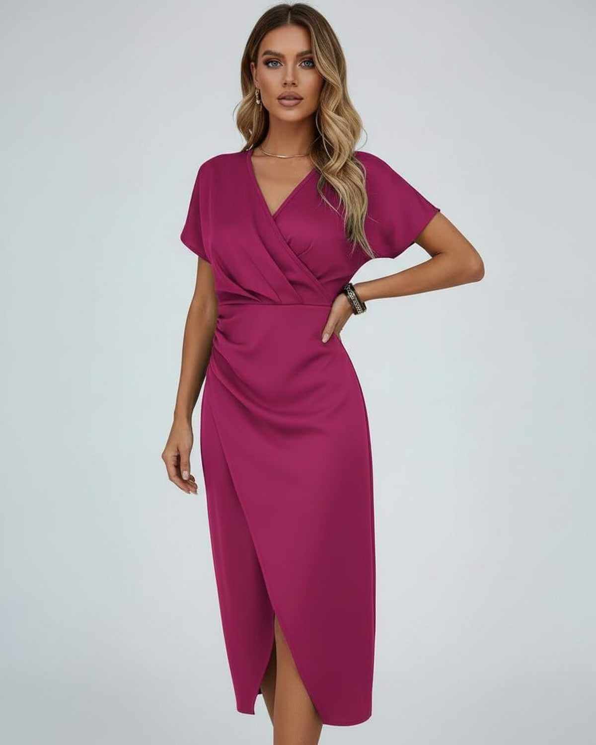 Robe midi drapée col V cache-cœur à manches courtes avec fente avant, femme