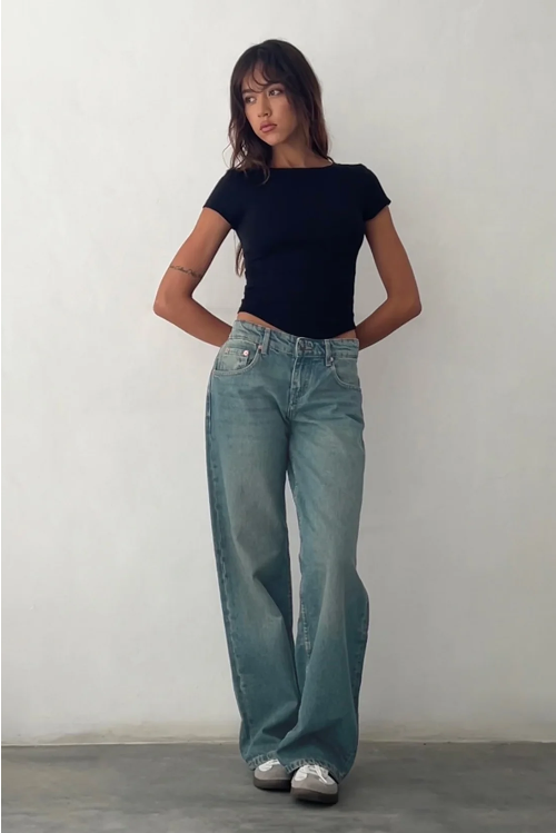 Pantalon en denim à jambes larges et taille mi-haute, femme