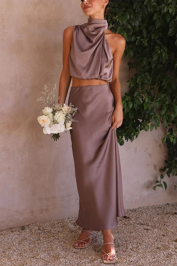 Top satin à bretelles réglables et jupe longue fluide, ensemble femme