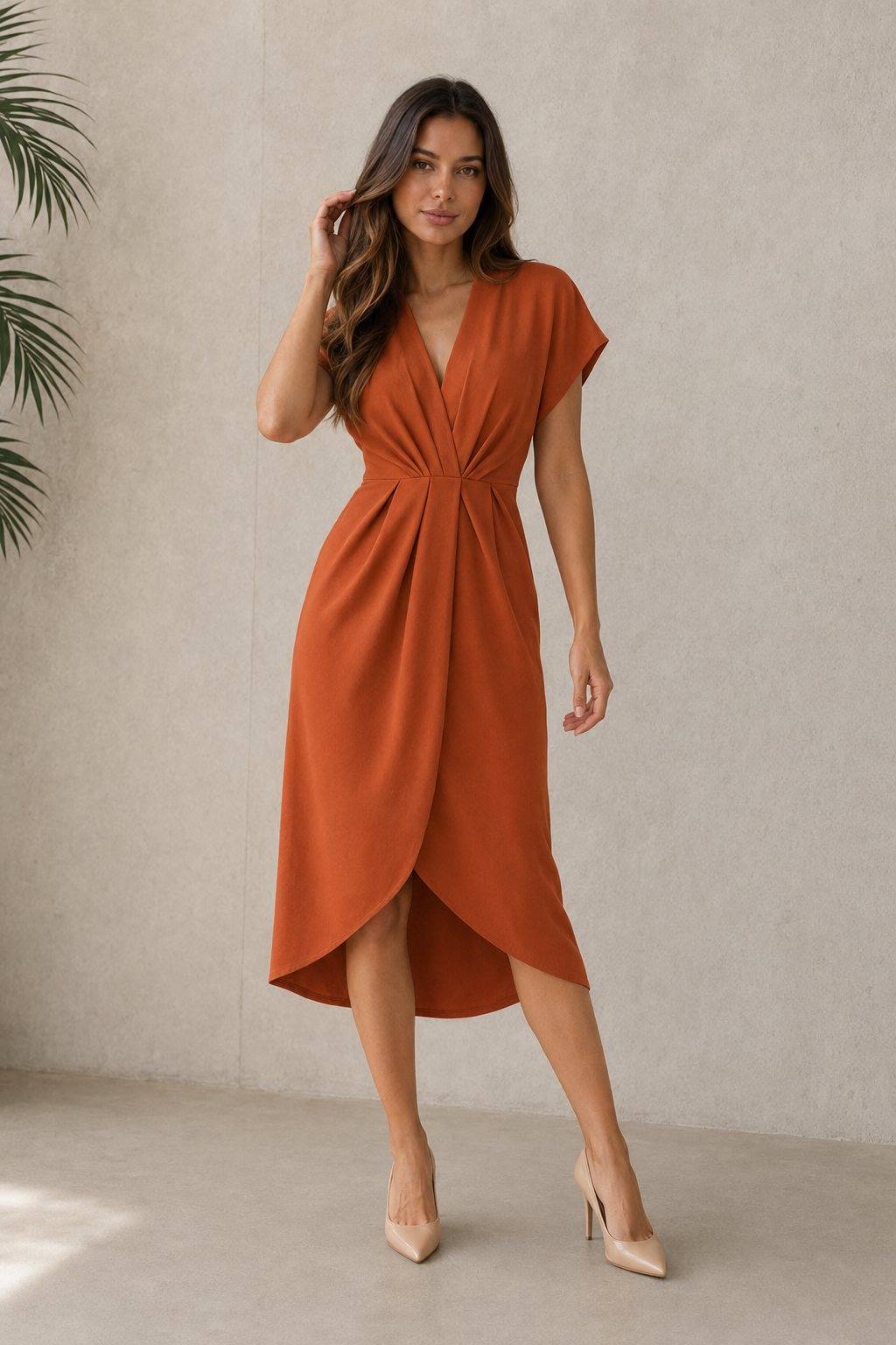V-neck midi dress for women with short sleeves, wrap-style draped front, gathered waist, and front slit