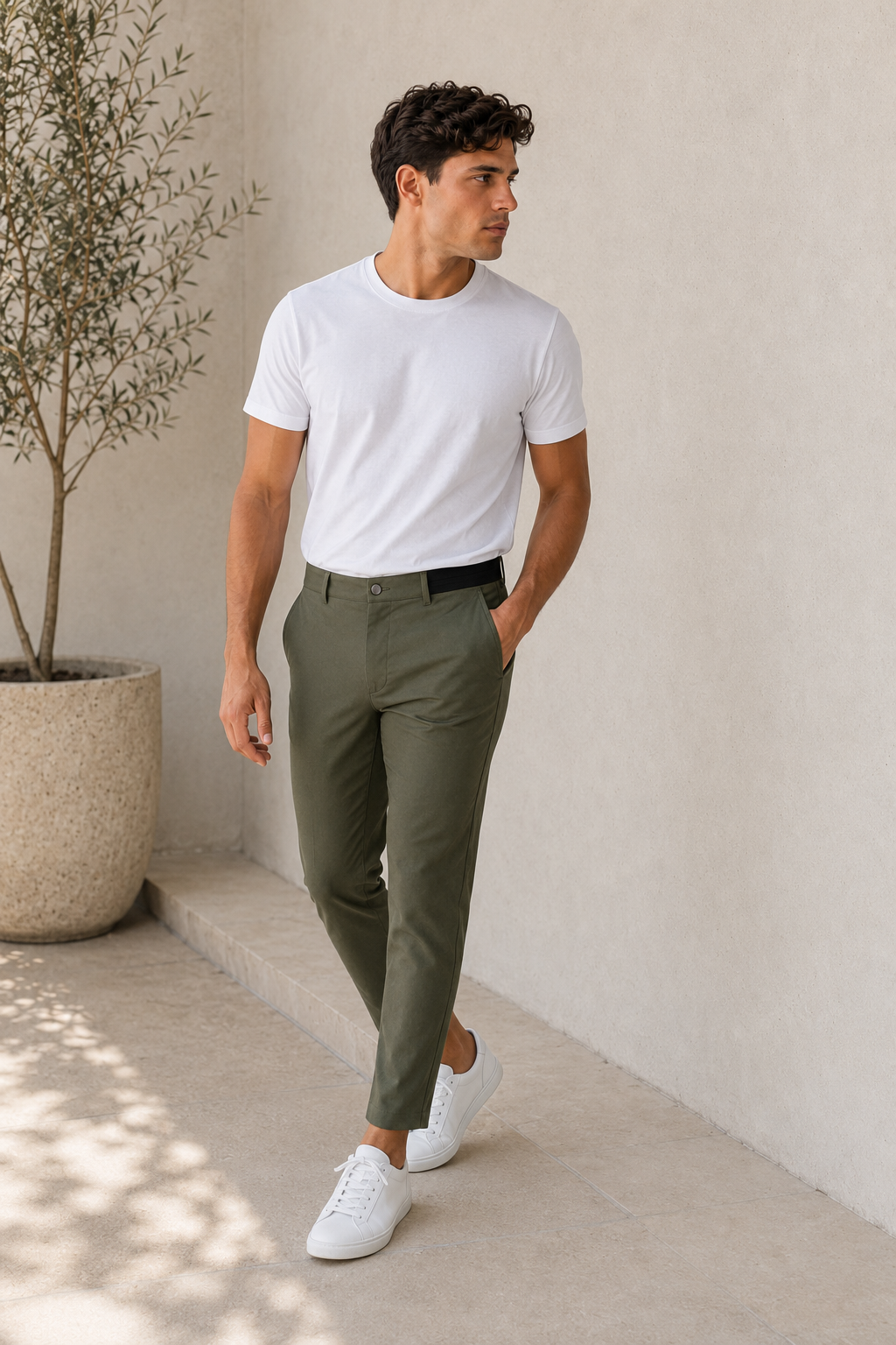 Men's slim fit chinos rear view showing clean finish and slim leg profile