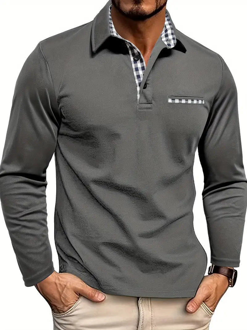 Polo homme à manches longues en maille, col contrasté, coupe ajustée
