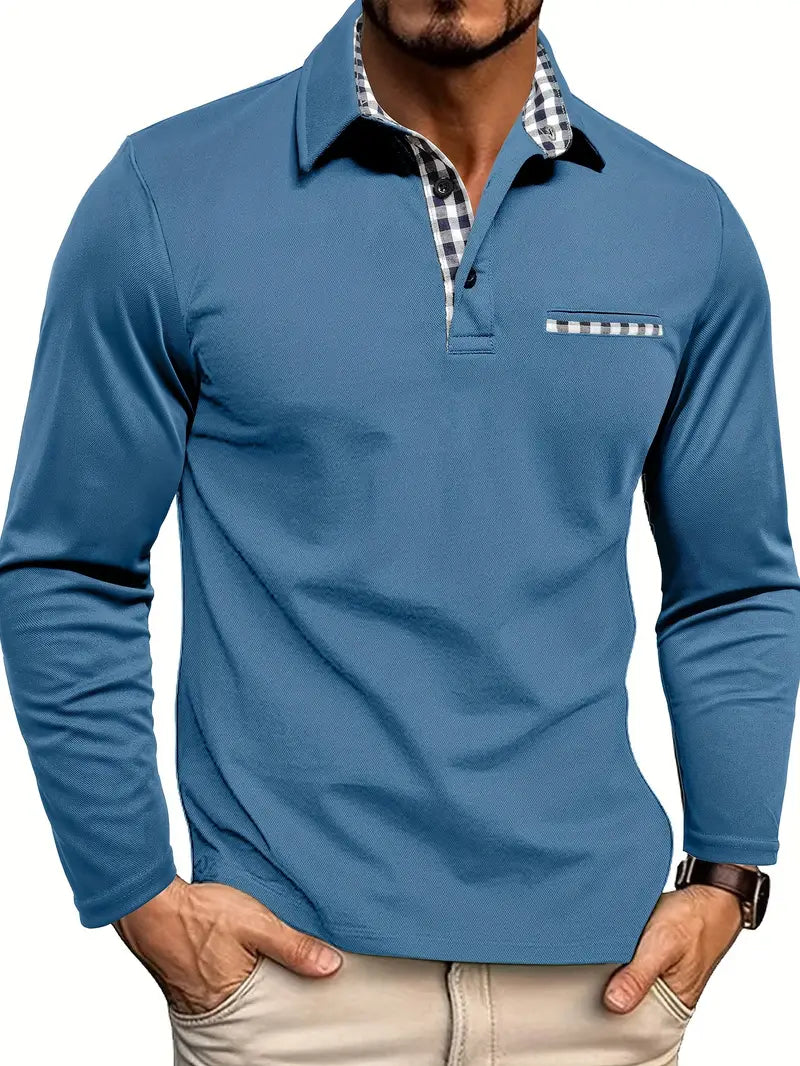 Polo homme en maille à manches longues, col contrasté, vue dos