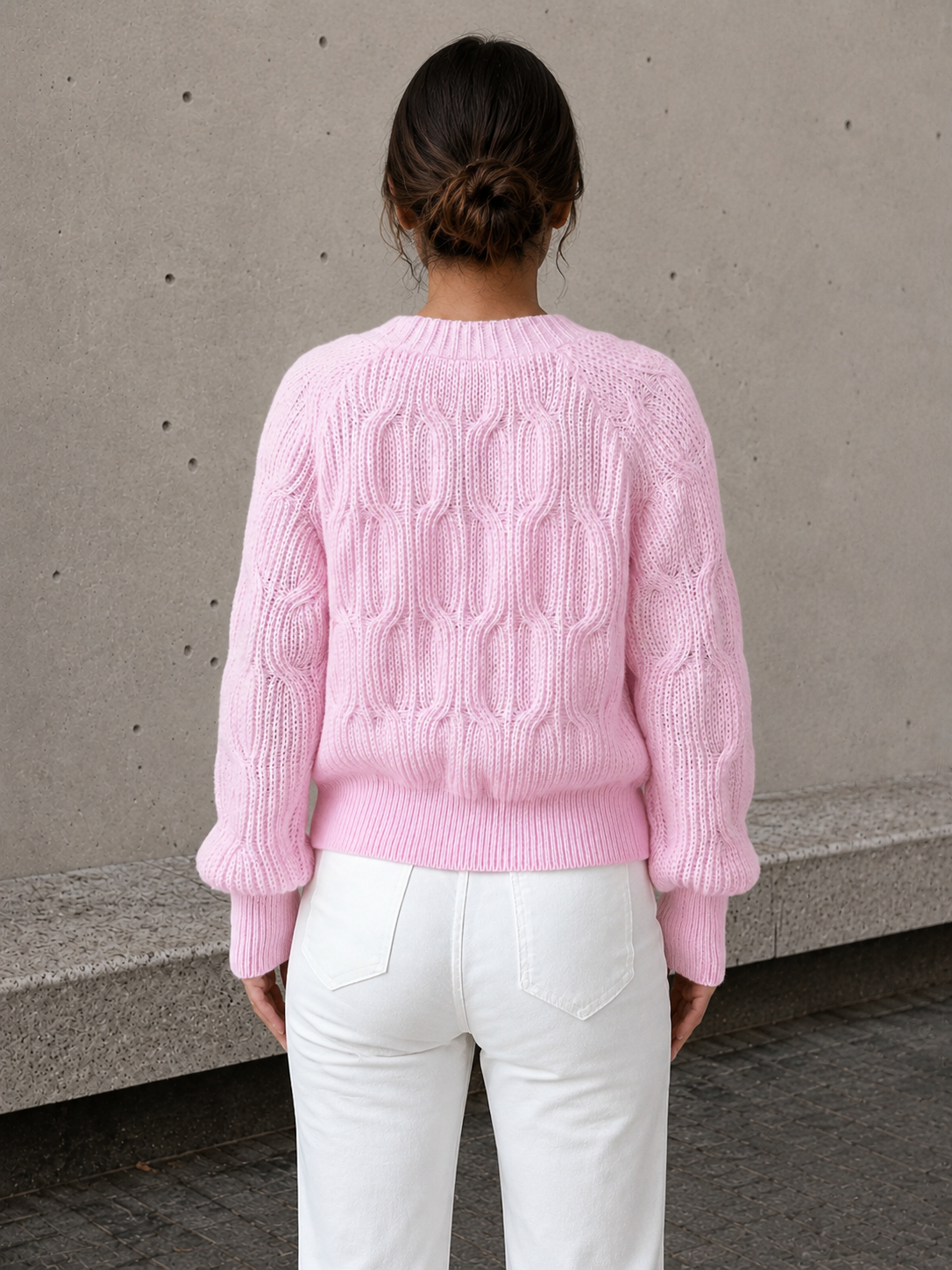 Women's knitted cardigan with V-neck and fitted silhouette, side view