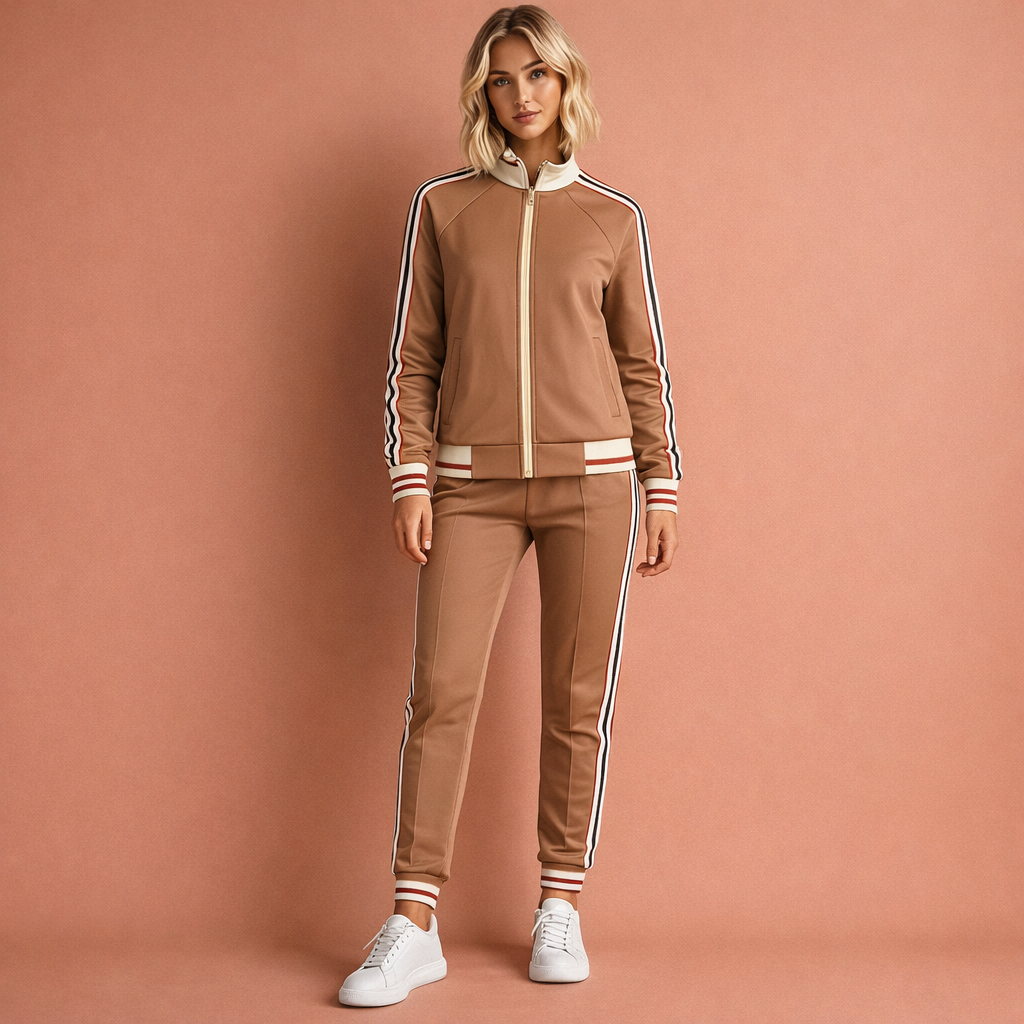 Ensemble survêtement femme stretch zippé col montant et pantalon fuselé bandes latérales