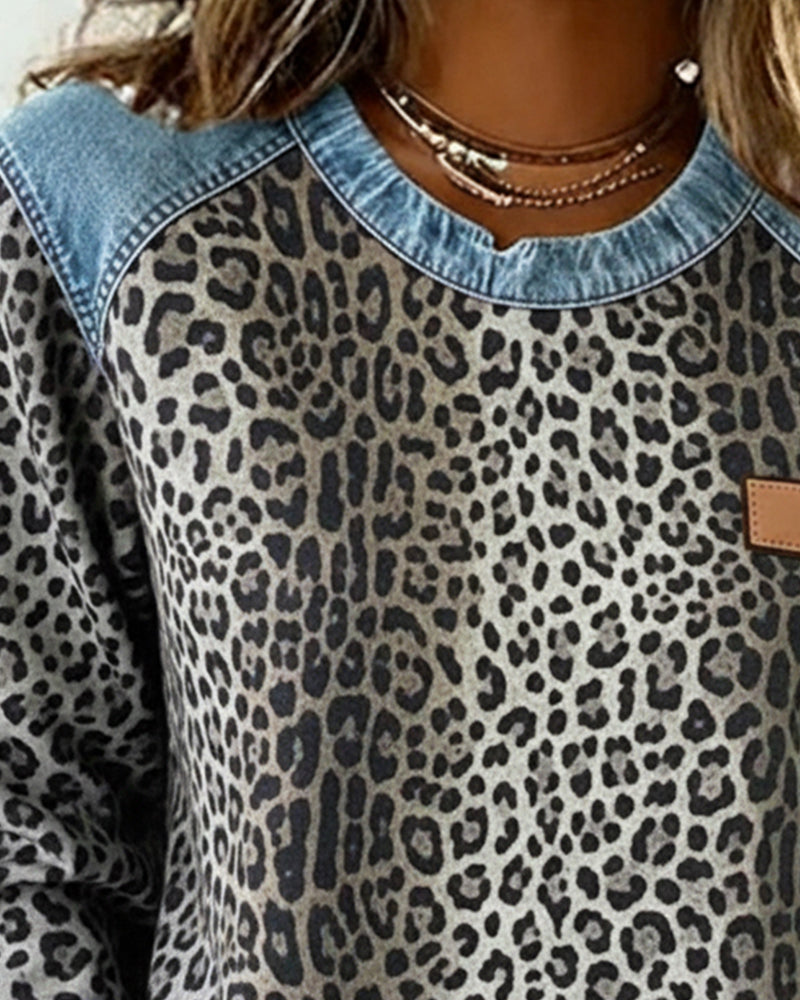 Sweat-shirt en tissu mixte denim à motif animalier, coupe décontractée, usage quotidien