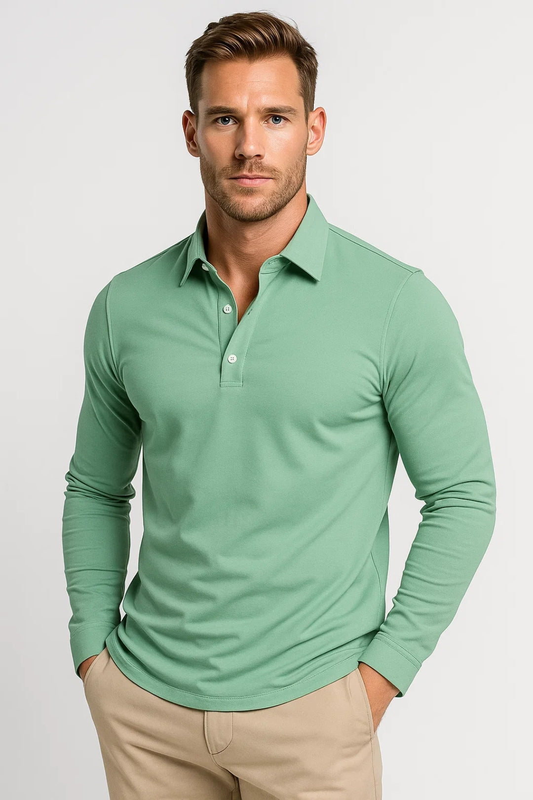 Polo à col polo classique et manches longues porté assis, coupe ajustée homme