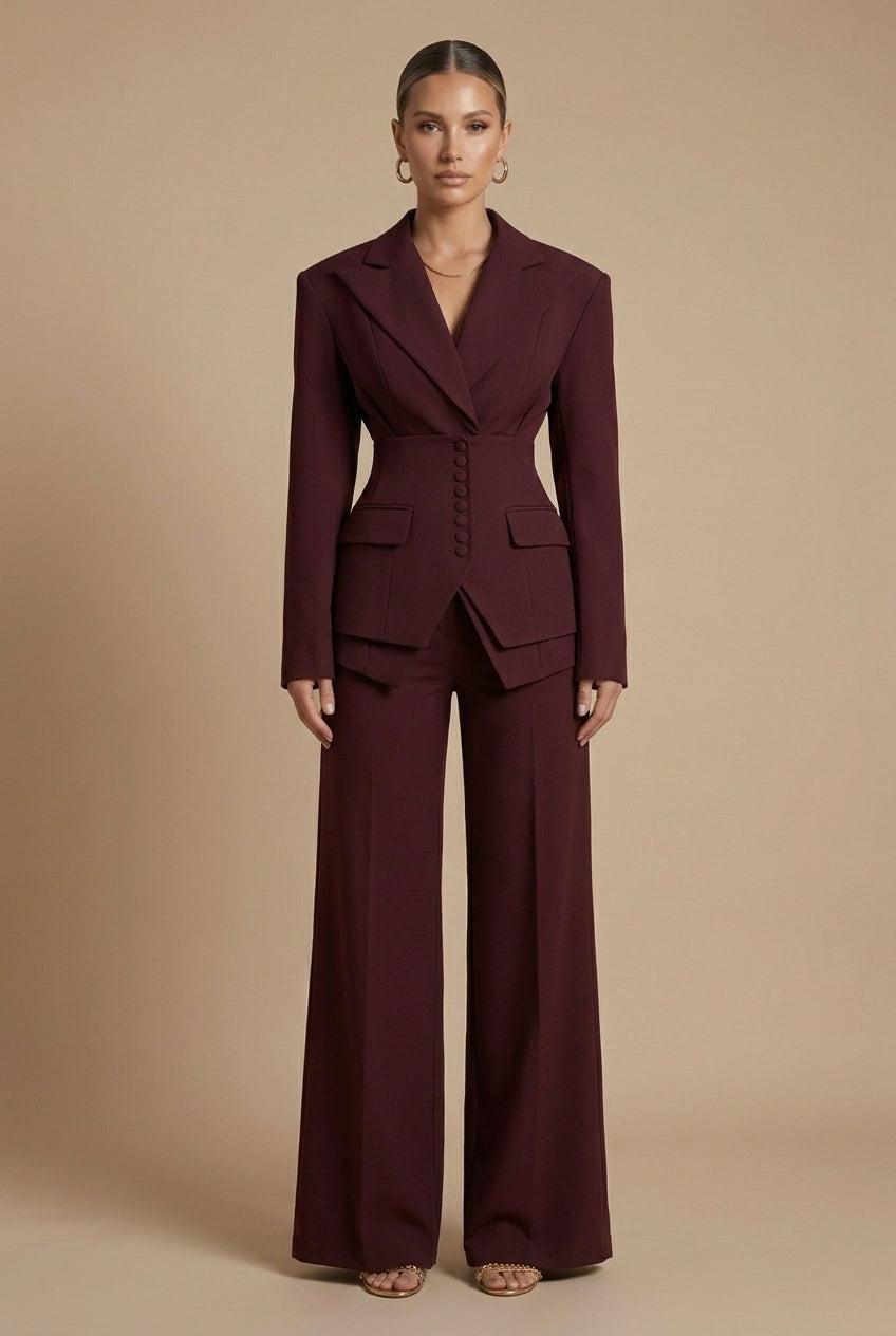 Tailleur deux pièces femme à revers pointus et pantalon à jambes larges, vue ensemble