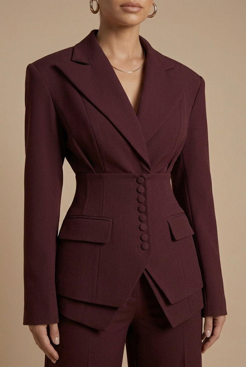 Pantalon à jambes larges taille haute en tissu fluide, porté avec blazer assorti