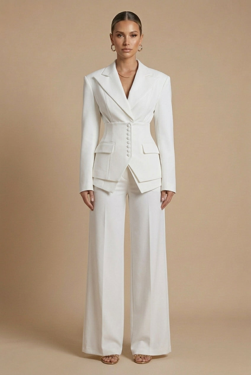 Blazer à revers pointus et pantalon large, ensemble tailleur femme, vue de profil