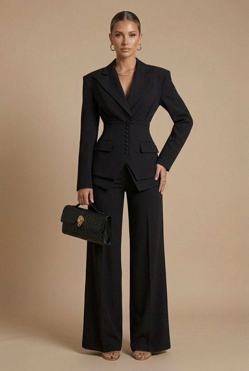Tailleur femme deux pièces, tissu structuré, blazer ajusté et pantalon à jambes larges