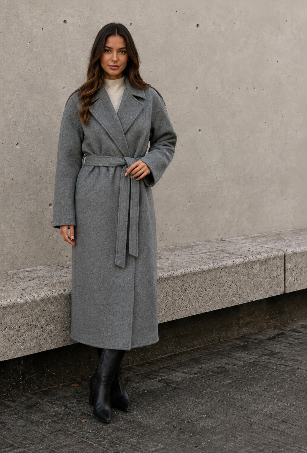 Grey women's long belted coat with lapel collar