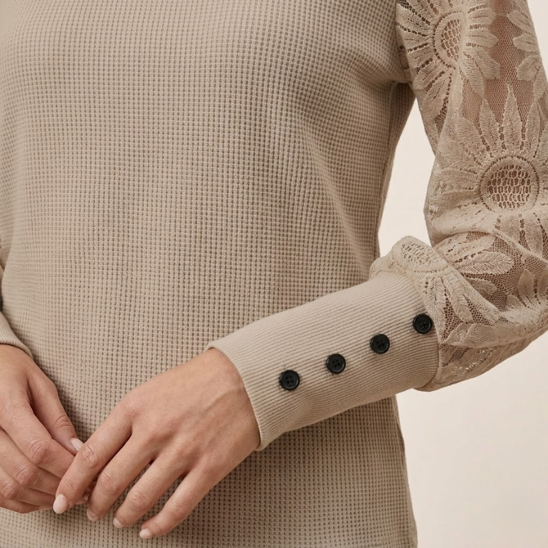 Top femme en maille, manches en dentelle à structure subtile, mi-long