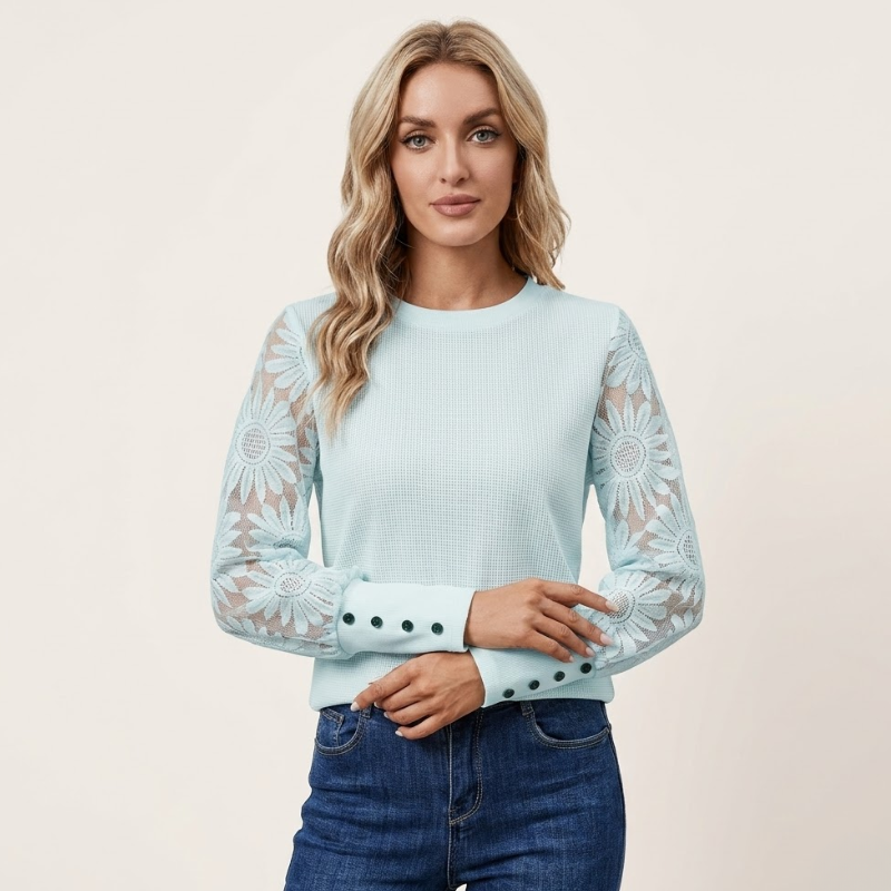 Haut femme en maille texturée, manches en dentelle, coupe droite