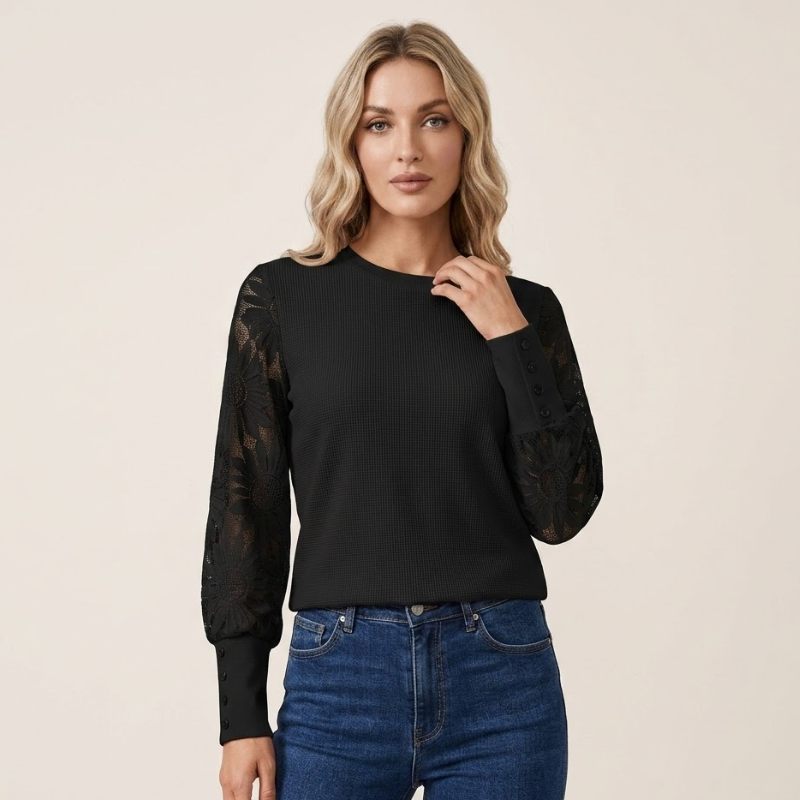 Top en maille à manches en dentelle, encolure ronde, pour femme