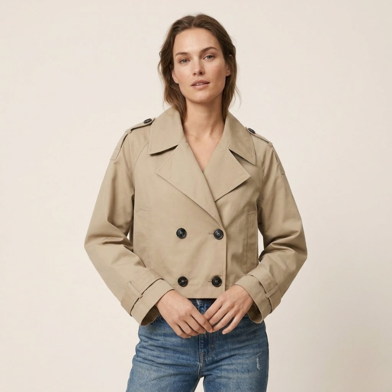 Trench-coat court croisé à double boutonnage, coupe ajustée, pour femme