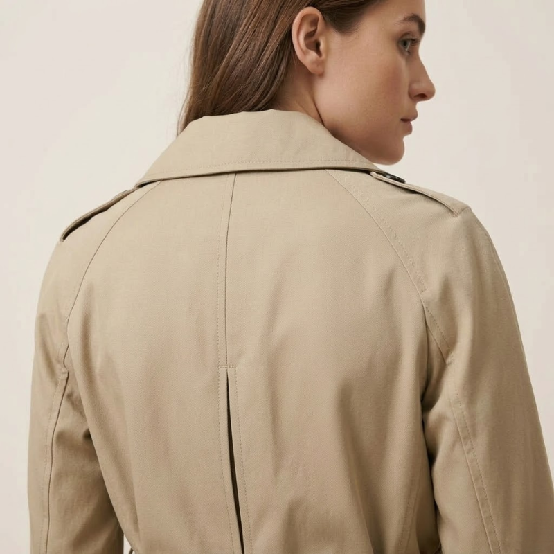 Trench-coat court à double boutonnage, dos structuré, usage quotidien femme