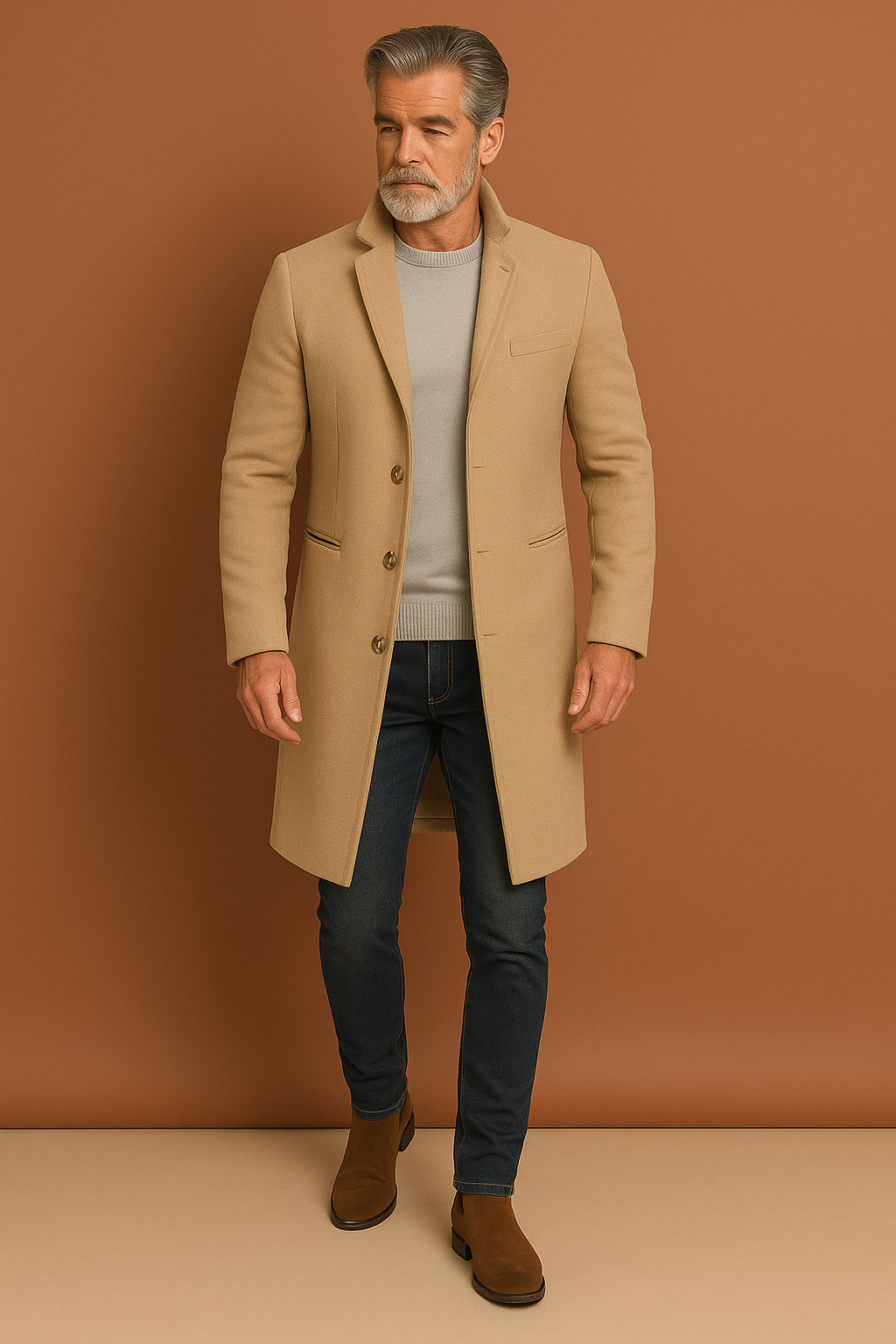 Manteau long tissé à double boutonnage, silhouette structurée pour homme