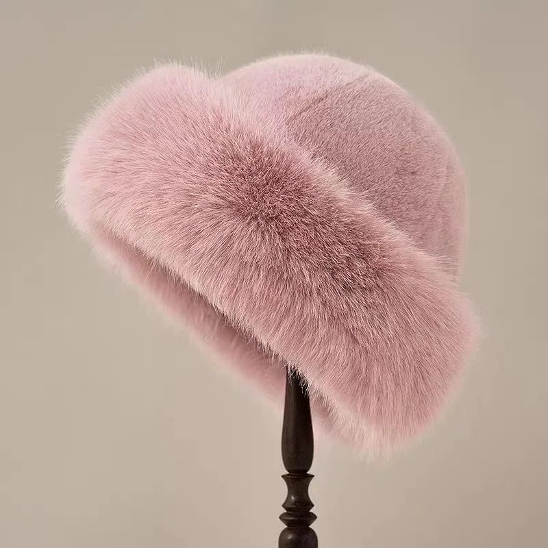 Women's faux fur winter hat with a soft, plush texture — front view