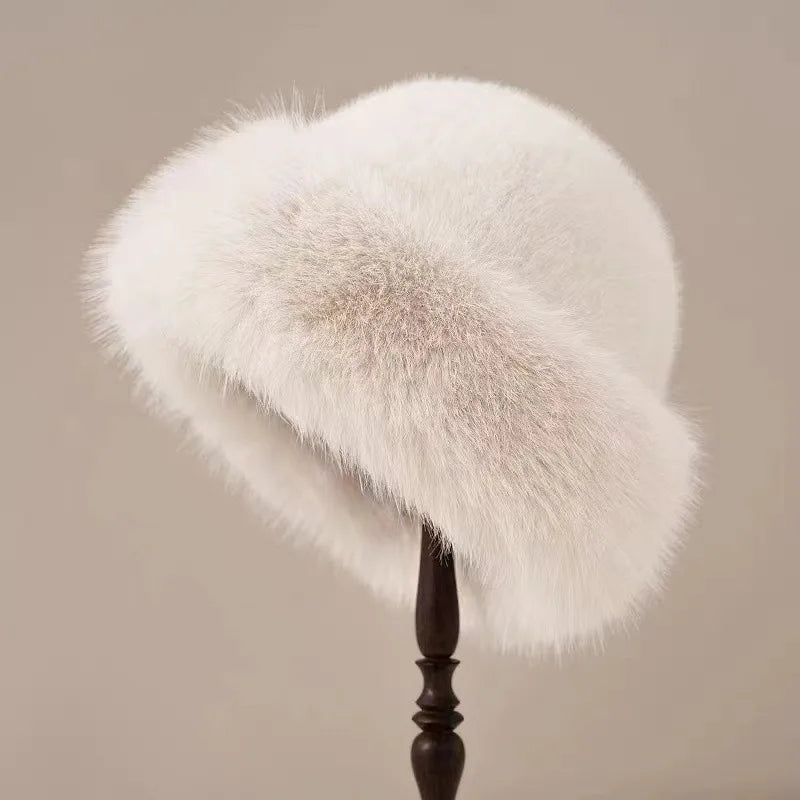 Close-up of women's faux fur winter hat showing material detail and surface texture