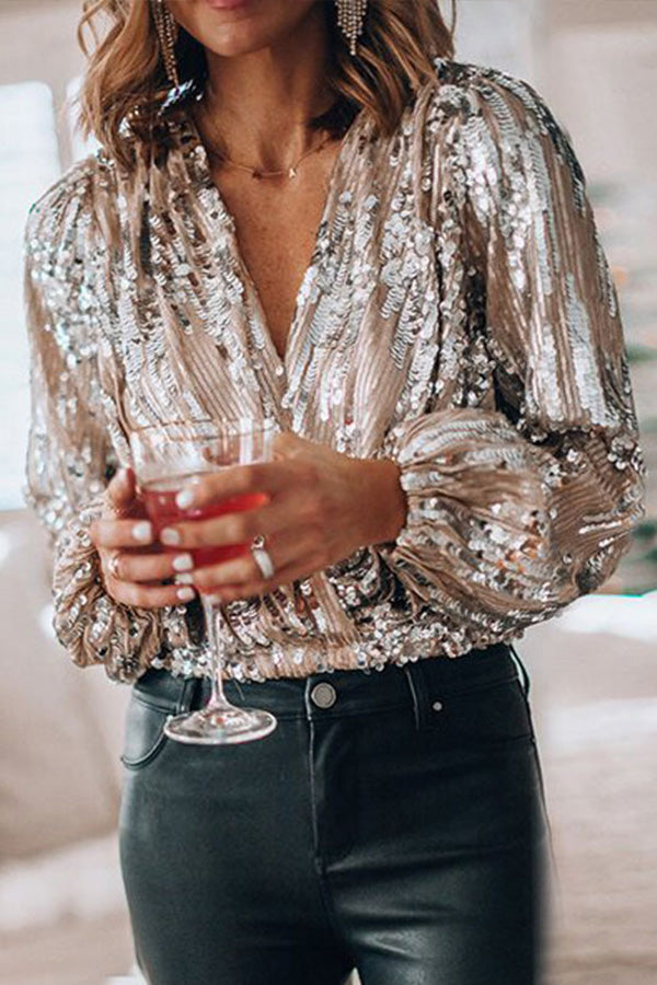 Blouse à sequins coupe ajustée col V manches longues froncées pour femme