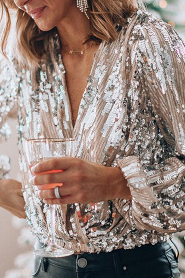 Blouse à sequins silhouette ajustée col V ourlet droit pour femme