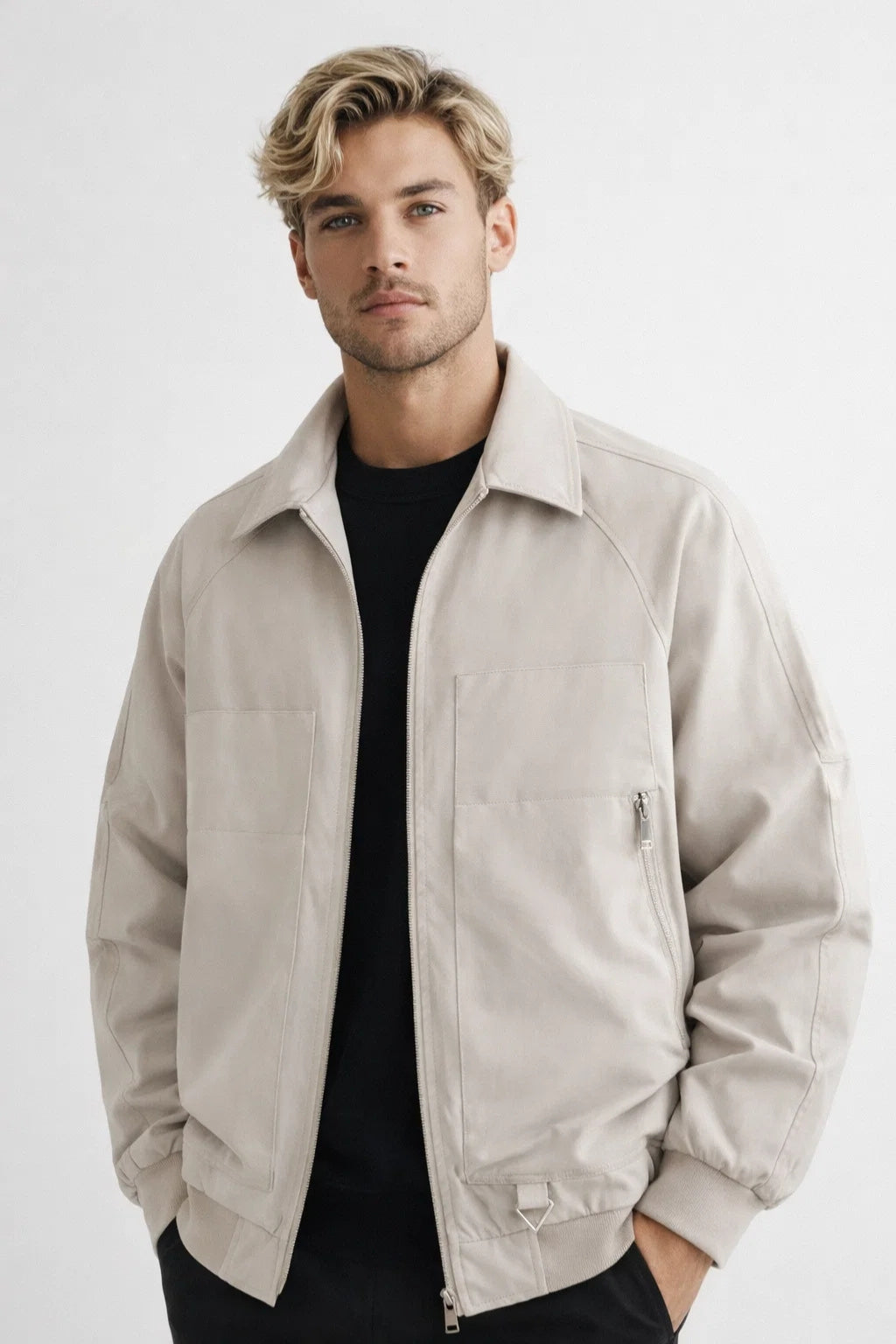 Veste casual homme, fermeture éclair centrale, col droit, coupe relax