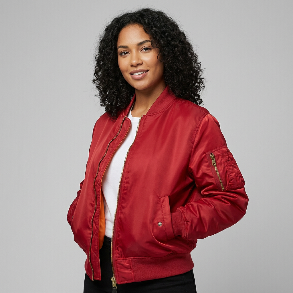Blouson aviateur zippé en tissu texturé avec poche utilitaire, coupe ajustée femme