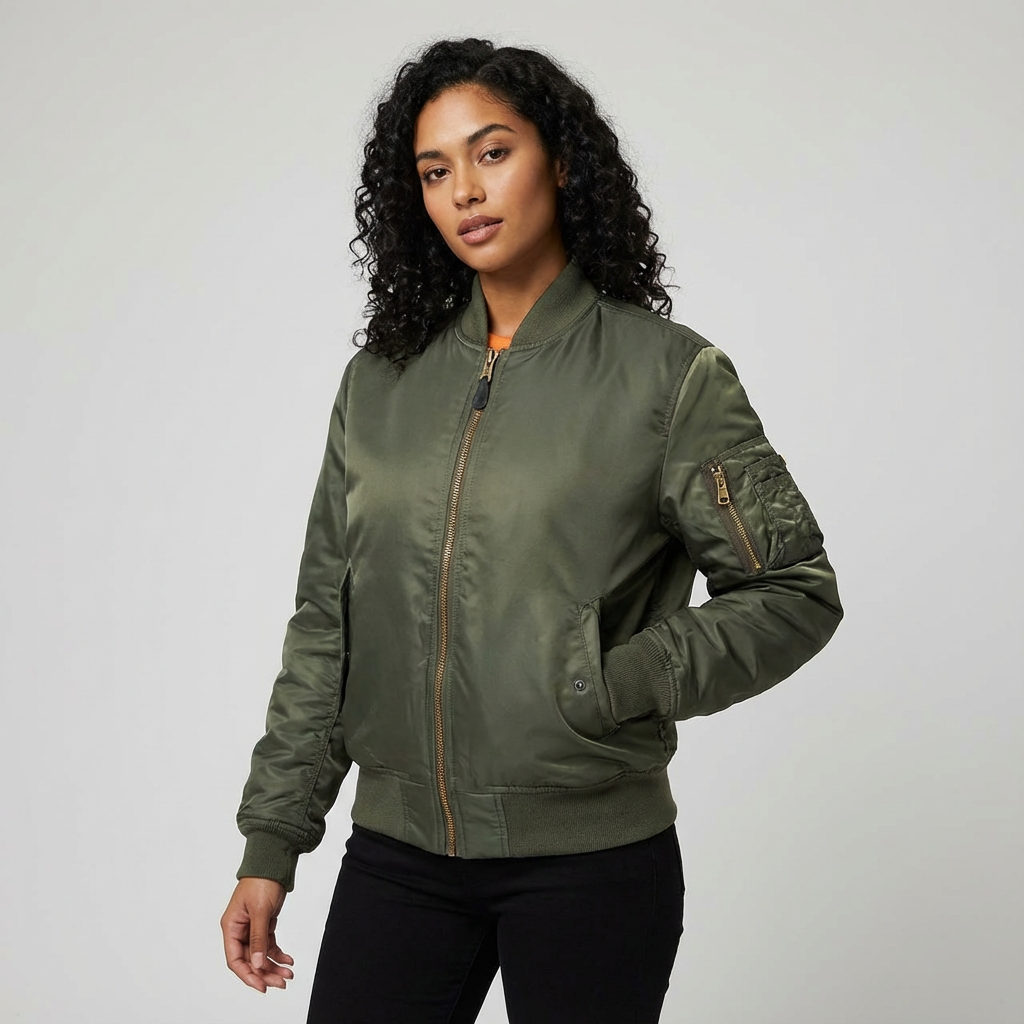 Blouson aviateur femme zippé avec empiècements côtelés et coupe légèrement cintrée