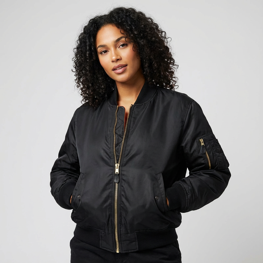 Veste aviateur femme avec poches latérales et détails utilitaires, coupe cintrée