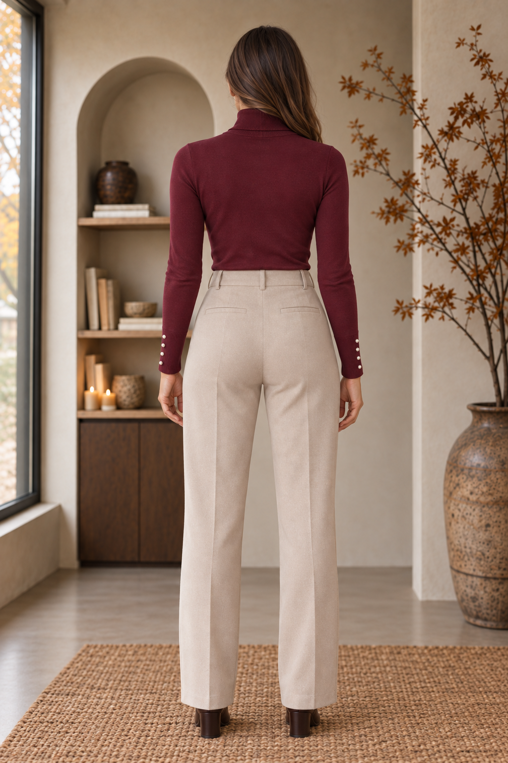 Women's burgundy fitted turtleneck sweater back view