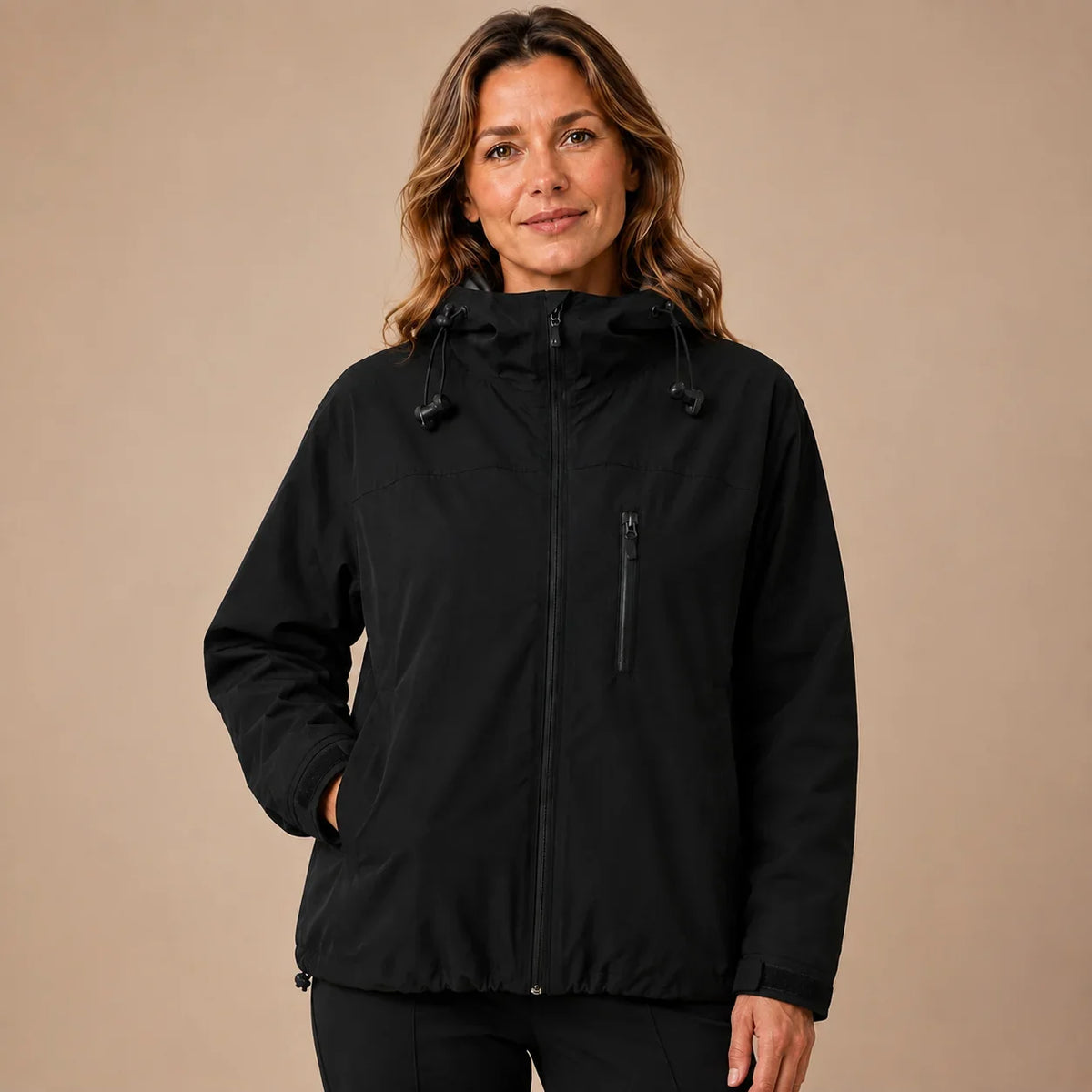 Women's short hooded raincoat in black front view