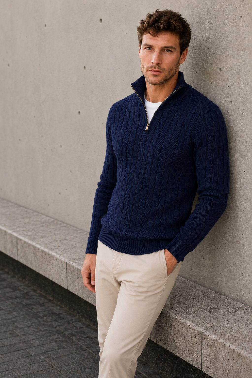 Men's cable-knit quarter-zip sweater, full outfit styling with trousers