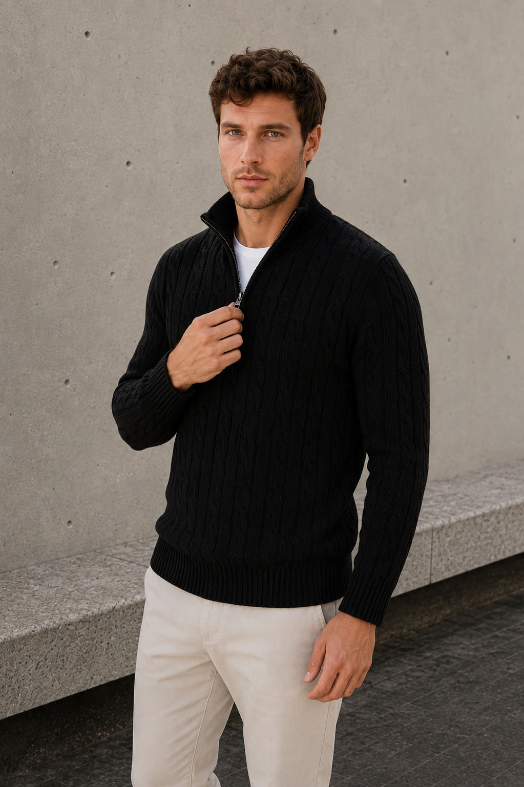 Men's cable-knit quarter-zip sweater in a dark tone with stand-up collar