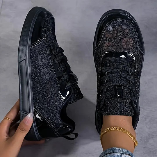 Mesh and synthetic sneakers with lace overlay and round toe
