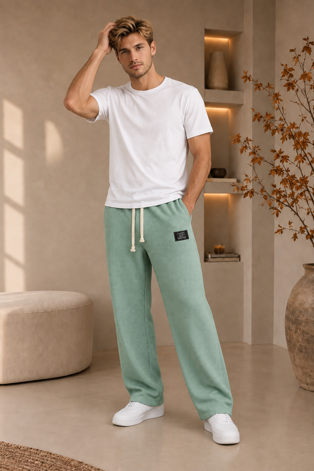Men's casual waffle-knit trousers with side pockets and adjustable drawstring