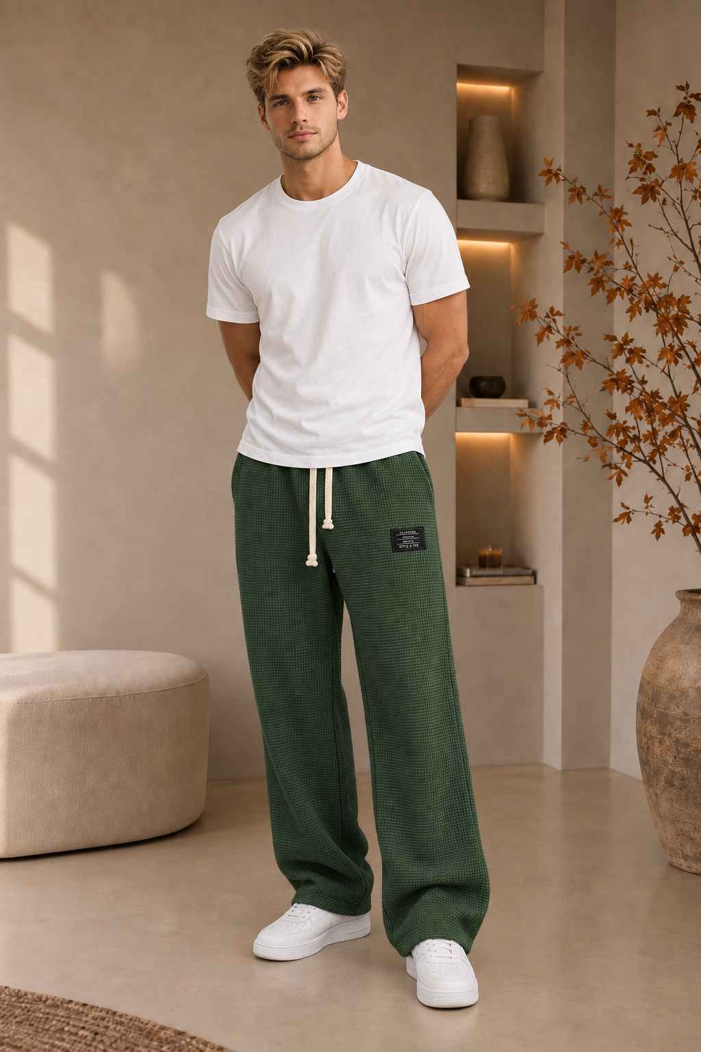 Casual men's waffle-texture knit pants with adjustable waist and relaxed leg shape