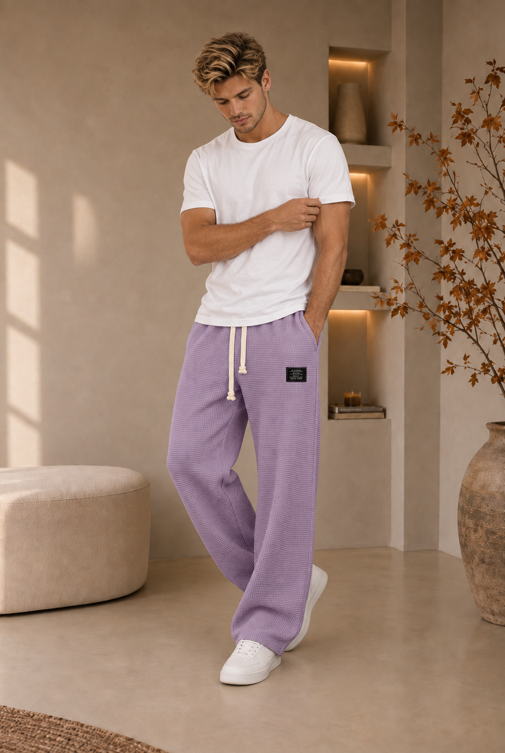 Men's waffle-knit trousers with elastic drawstring waistband and full-length relaxed fit