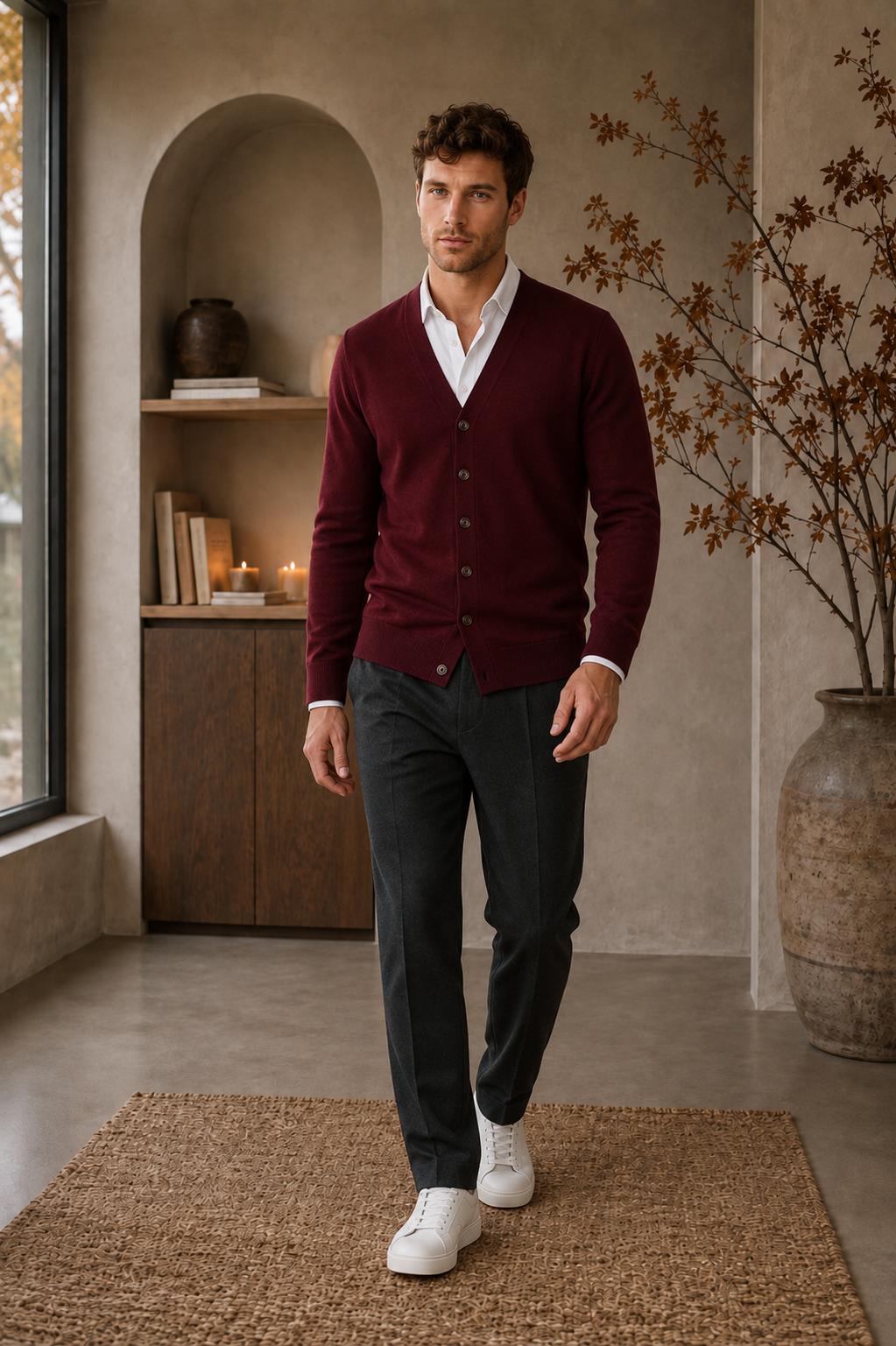 Dark red button-up V-neck cardigan for men