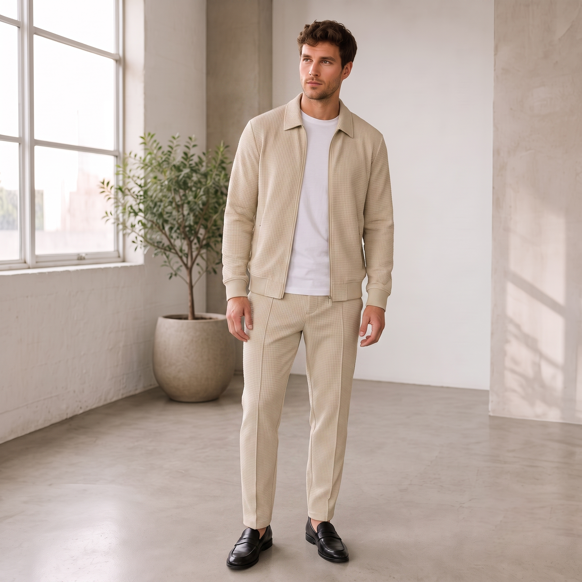 Men's two-piece textured set featuring a zip-up jacket with side pockets and matching tapered pants