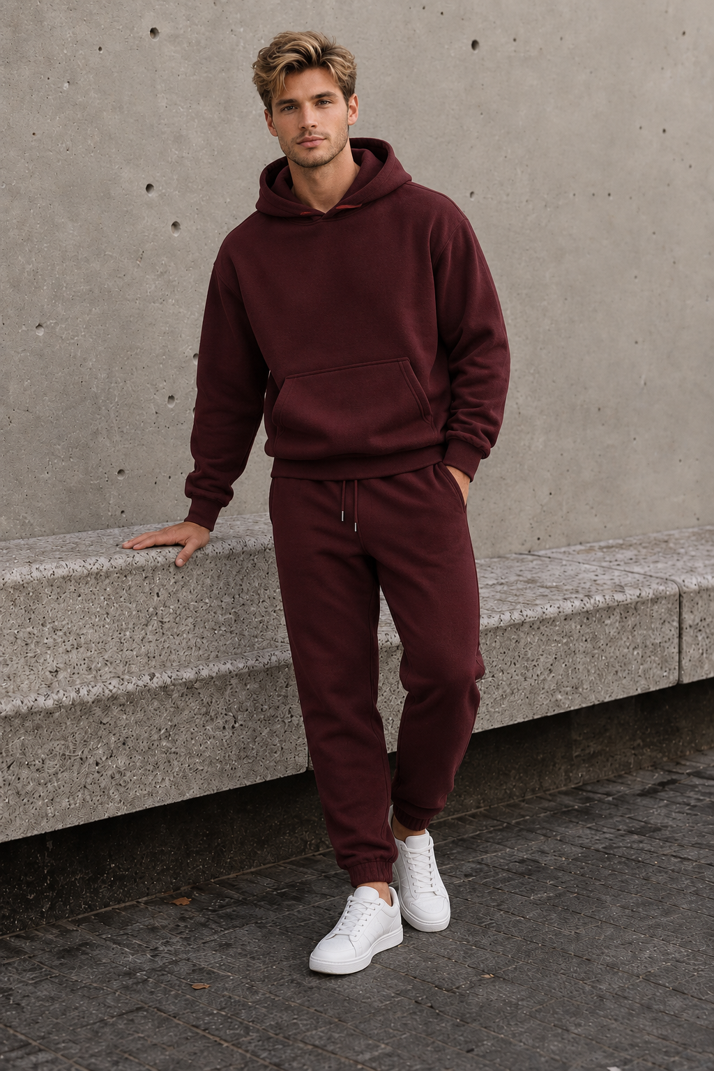 Men's two-piece cotton blend hoodie and joggers set with hood and elastic waistband
