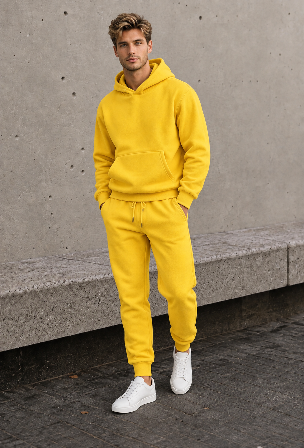 Men's coordinated cotton blend hoodie and joggers set with hood and elastic waistband