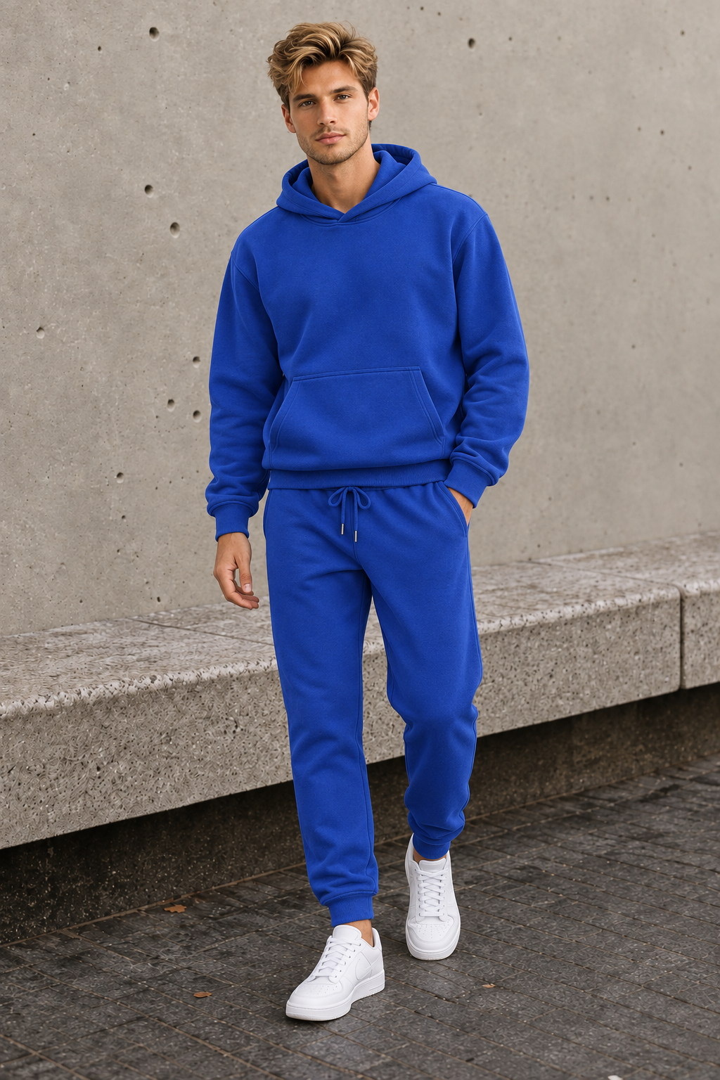 Men's cotton blend matching hoodie and joggers set with hood and full-length pants
