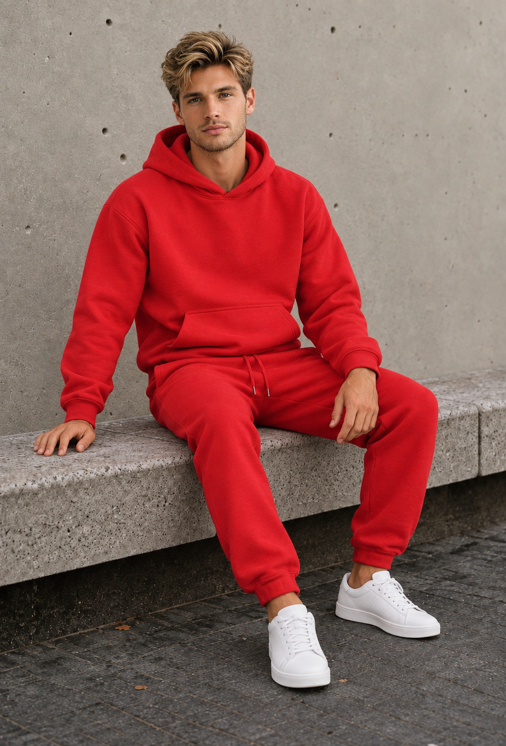 Men's two-piece cotton blend set featuring a hooded sweatshirt and coordinating joggers